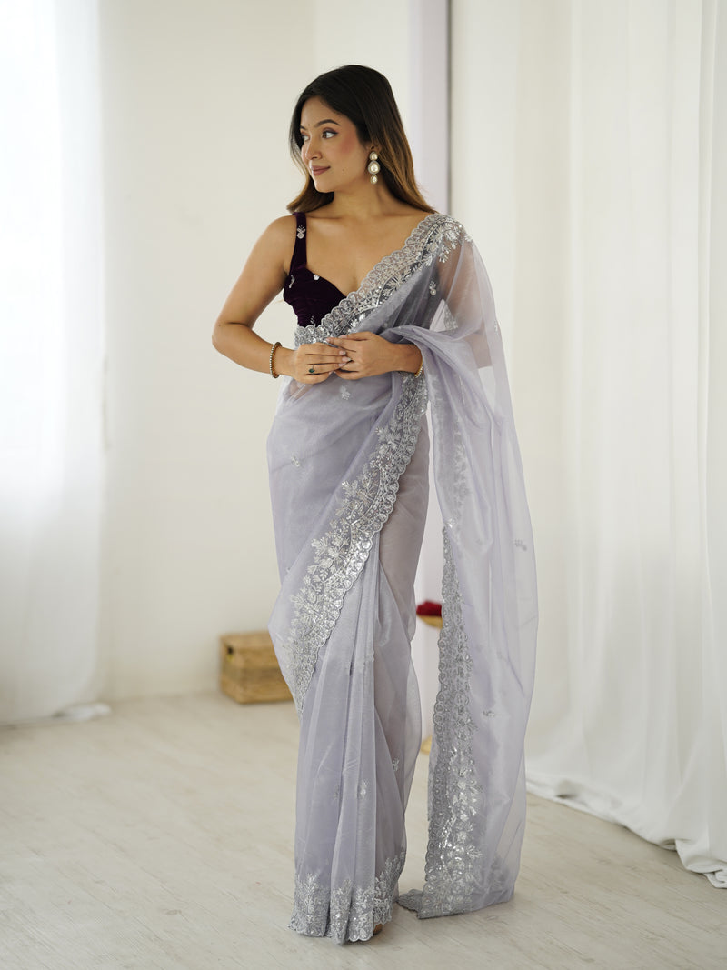 Twill Net with Dazzling Sequin and Rich Zari Work Saree