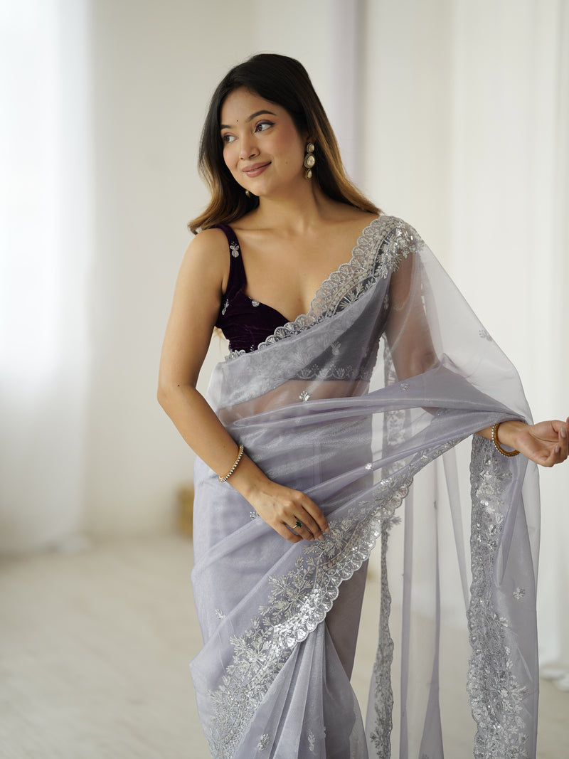 Twill Net with Dazzling Sequin and Rich Zari Work Saree