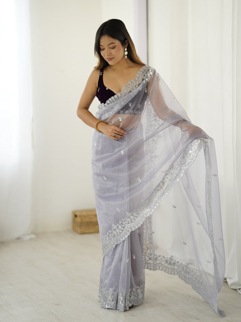 Twill Net with Dazzling Sequin and Rich Zari Work Saree