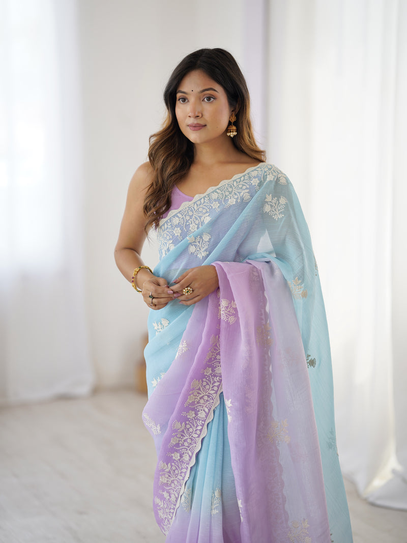 Elegant Crunchy Silk Saree with Intricate Cut Work Border