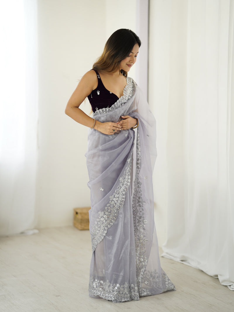 Twill Net with Dazzling Sequin and Rich Zari Work Saree