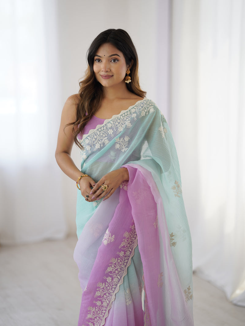 Elegant Crunchy Silk Saree with Intricate Cut Work Border