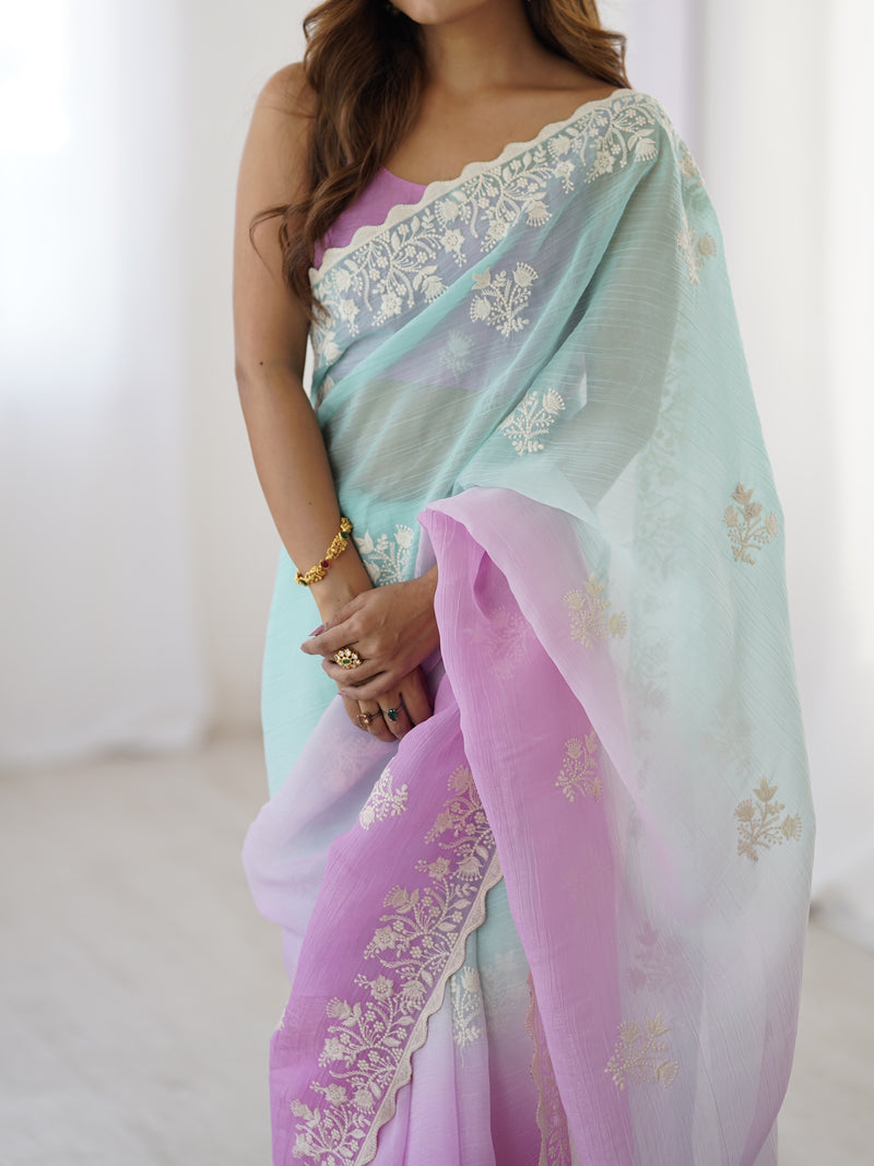 Elegant Crunchy Silk Saree with Intricate Cut Work Border