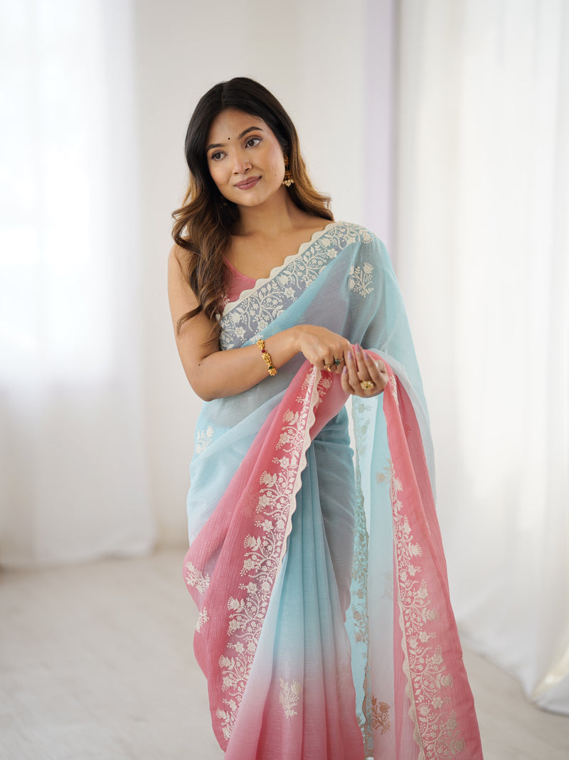 Elegant Crunchy Silk Saree with Intricate Cut Work Border