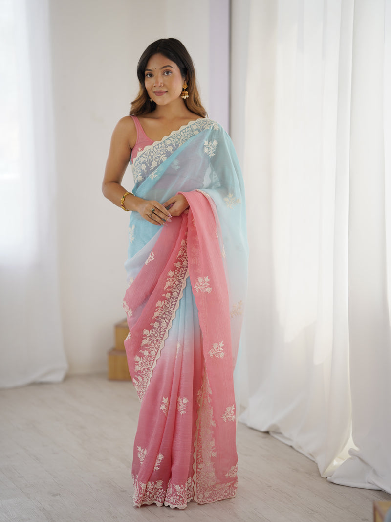 Elegant Crunchy Silk Saree with Intricate Cut Work Border