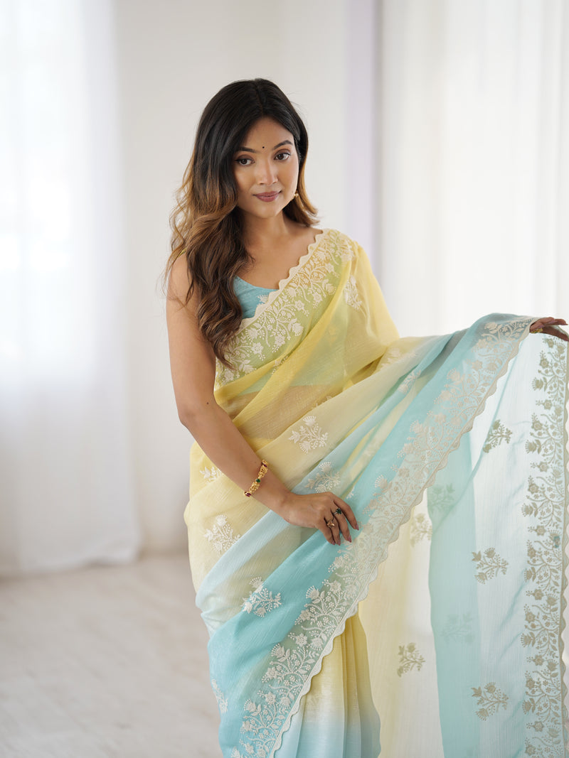 Elegant Crunchy Silk Saree with Intricate Cut Work Border