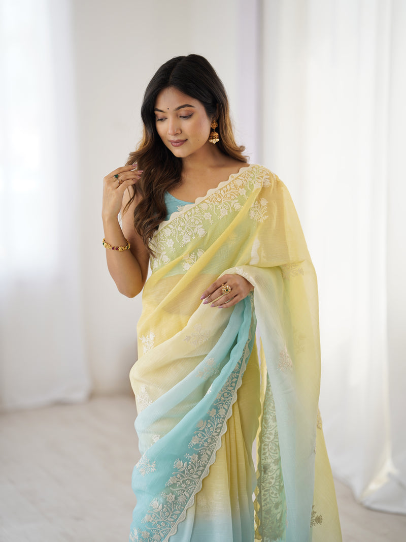 Elegant Crunchy Silk Saree with Intricate Cut Work Border