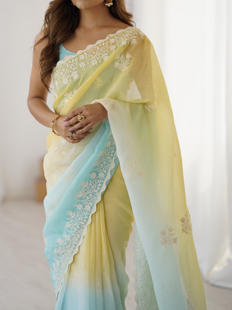 Elegant Crunchy Silk Saree with Intricate Cut Work Border