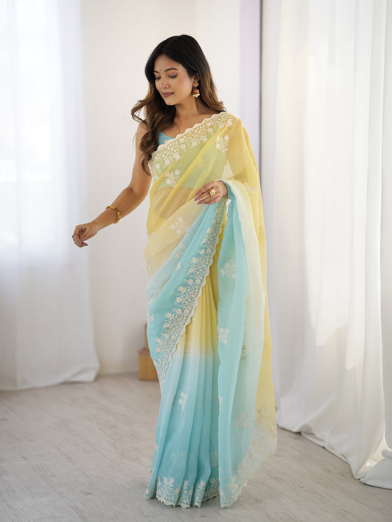 Elegant Crunchy Silk Saree with Intricate Cut Work Border