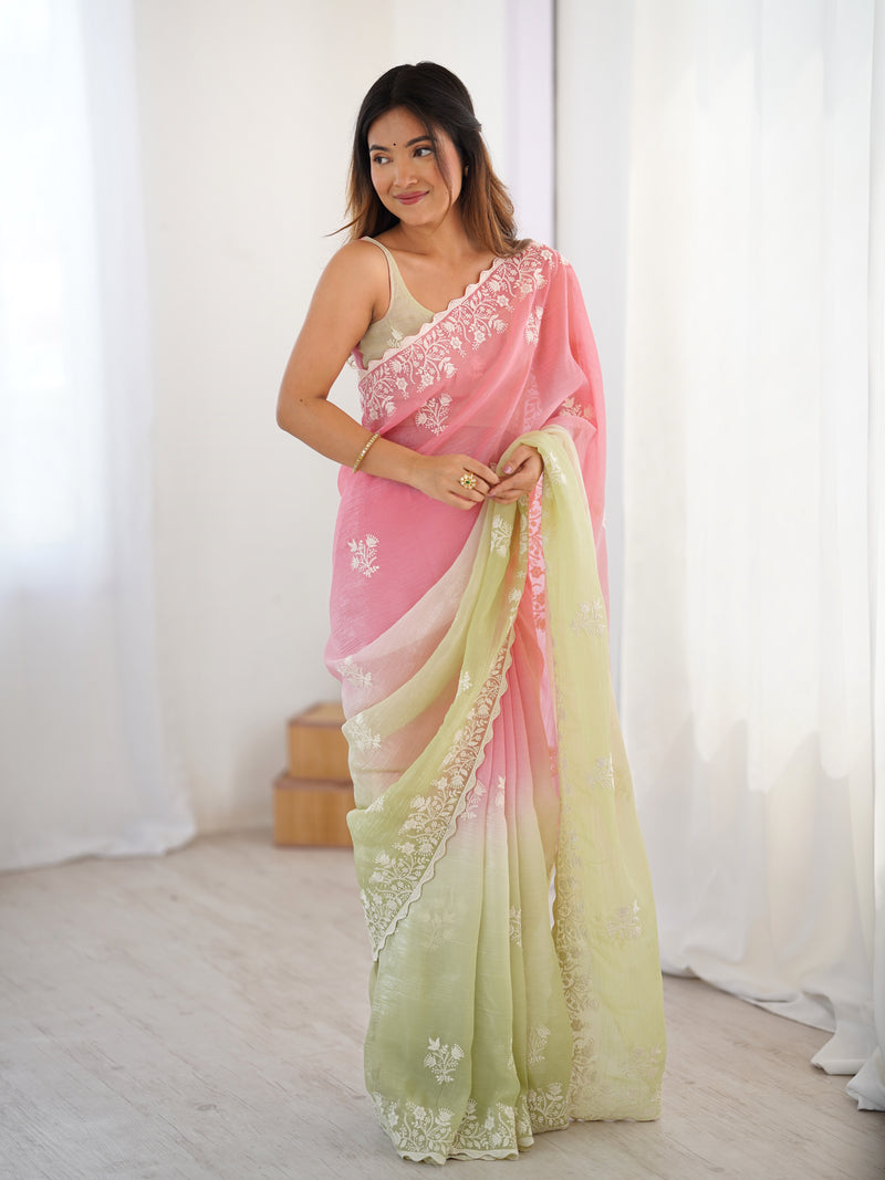 Elegant Crunchy Silk Saree with Intricate Cut Work Border