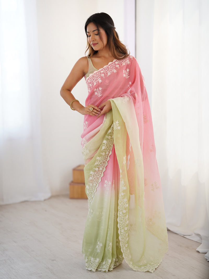 Elegant Crunchy Silk Saree with Intricate Cut Work Border