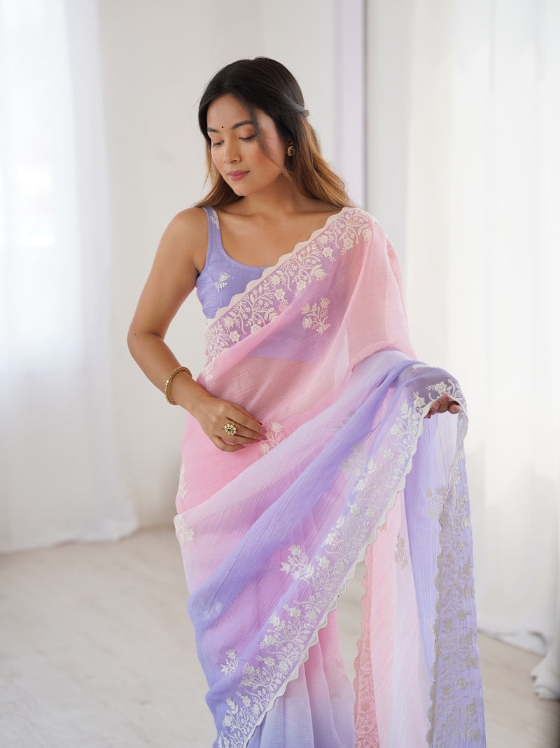 Elegant Crunchy Silk Saree with Intricate Cut Work Border