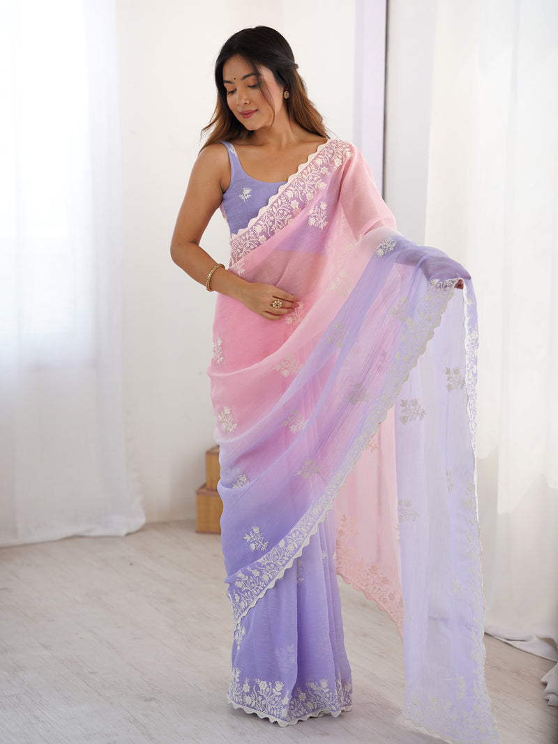 Elegant Crunchy Silk Saree with Intricate Cut Work Border