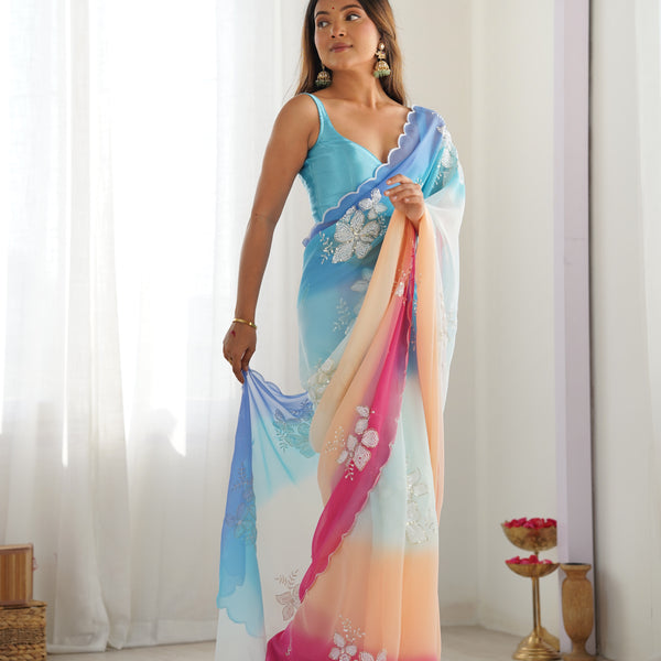 Pure Georgette & Sequins Embroidery Work Saree