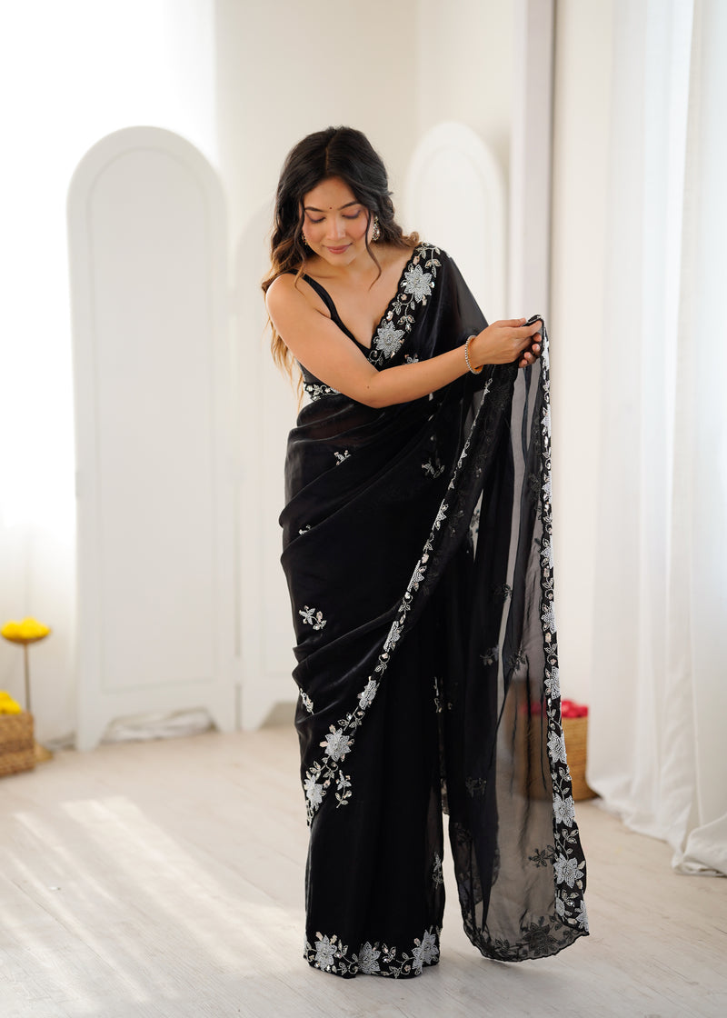 Fendy Satin Silk Saree with Triple Embellishment
