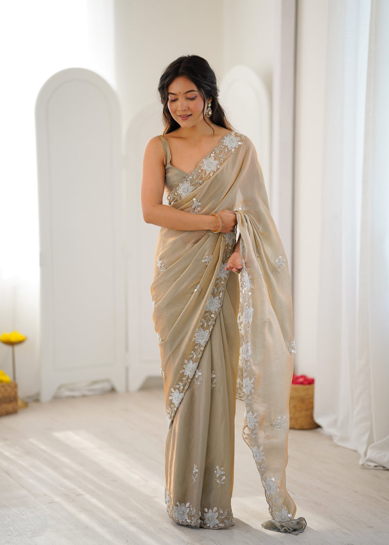Fendy Satin Silk Saree with Triple Embellishment