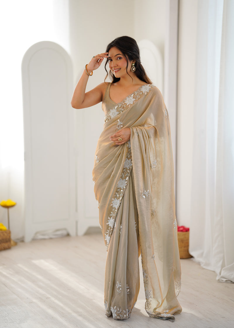 Fendy Satin Silk Saree with Triple Embellishment