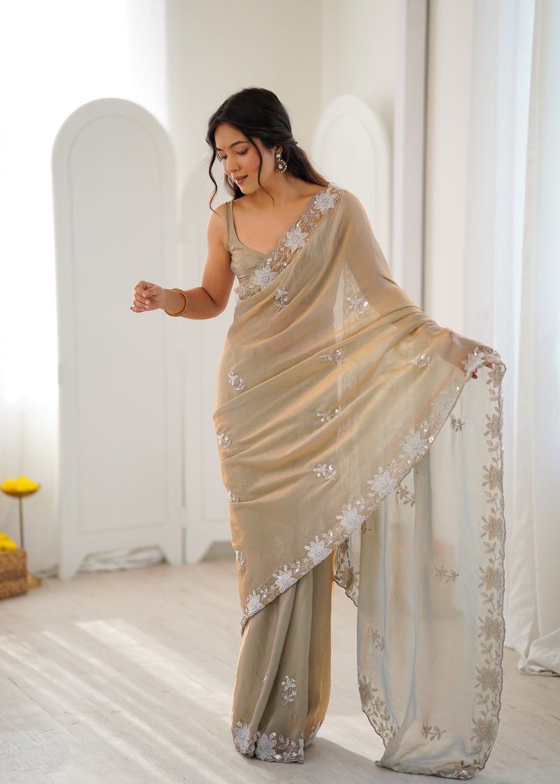 Fendy Satin Silk Saree with Triple Embellishment