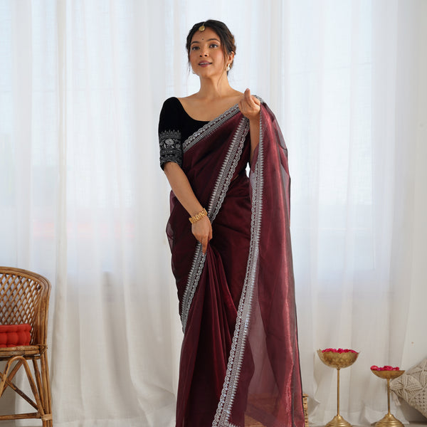 Twill Net with 3mm Sequin & Gold Zari Work Saree