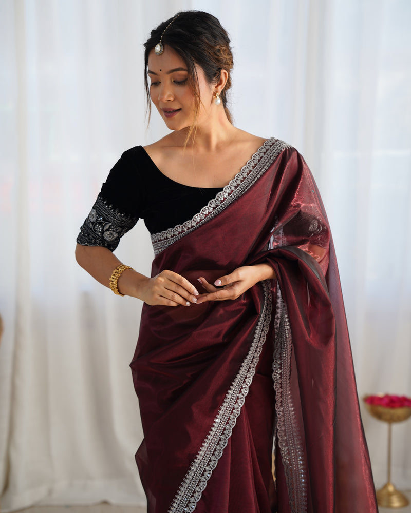 Twill Net with 3mm Sequin & Gold Zari Work Saree