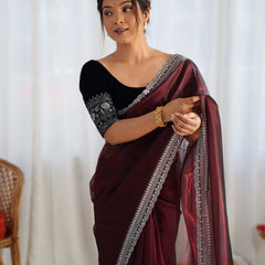 Twill Net with 3mm Sequin & Gold Zari Work Saree