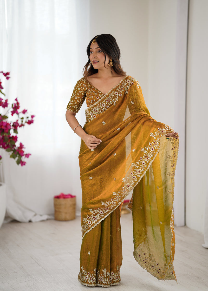 Fendy Chiffon Sequin & Embroidery on Two-Tone Saree