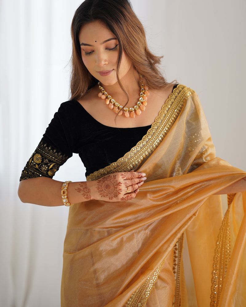 Twill Net with 3mm Sequin & Gold Zari Work Saree