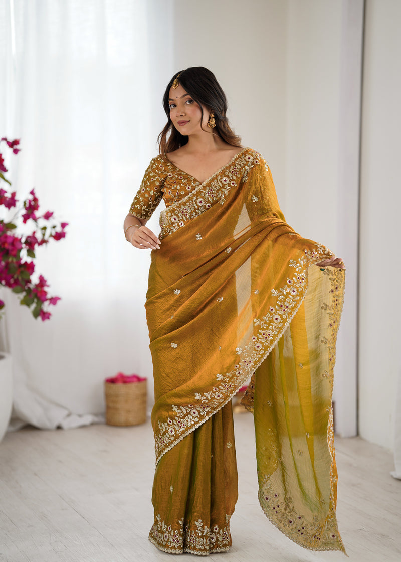 Fendy Chiffon Sequin & Embroidery on Two-Tone Saree