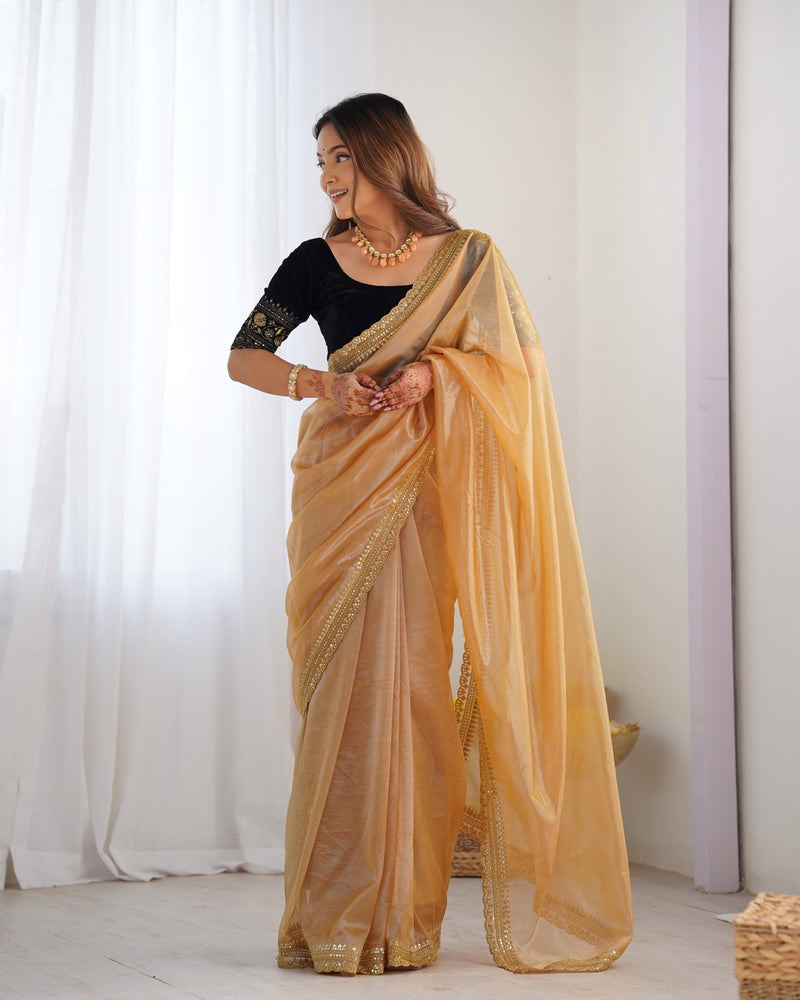 Twill Net with 3mm Sequin & Gold Zari Work Saree