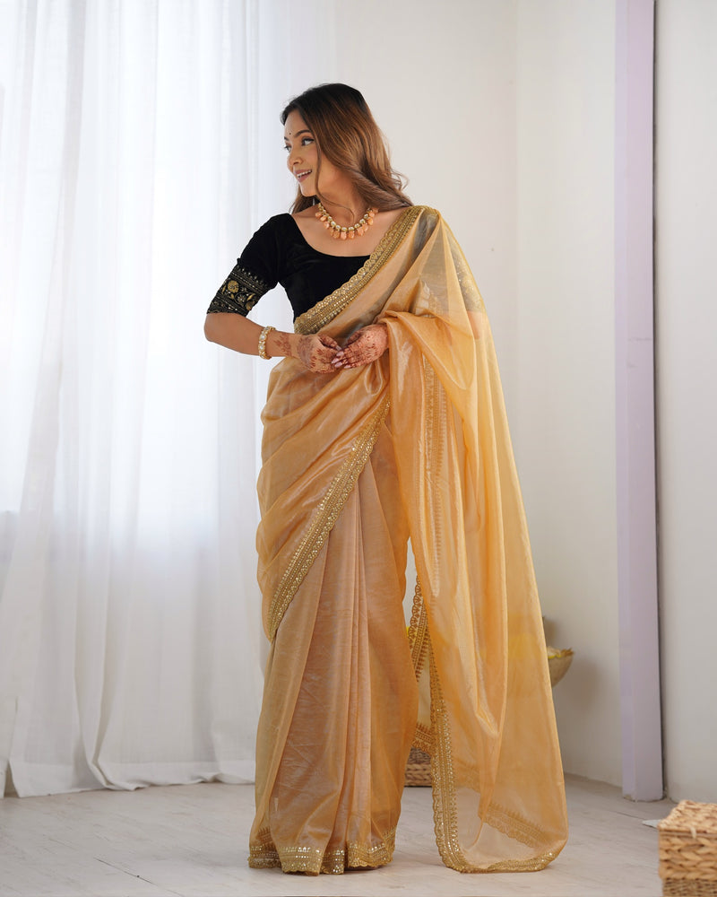 Twill Net with 3mm Sequin & Gold Zari Work Saree
