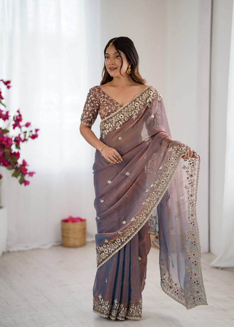 Fendy Chiffon Sequin & Embroidery on Two-Tone Saree