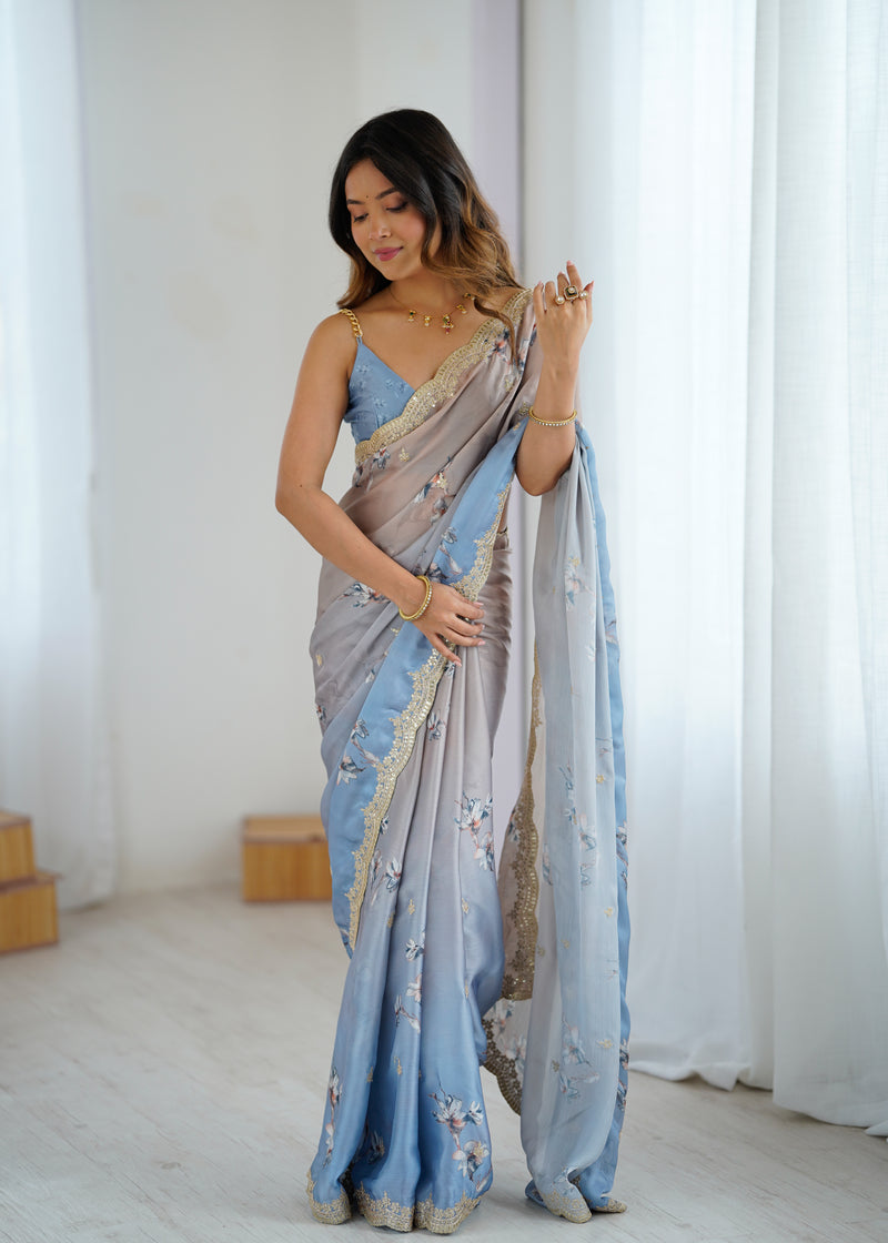 Sequin & Dori Work on Hand-Printed Satin Chiffon Saree