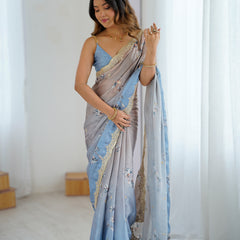Sequin & Dori Work on Hand-Printed Satin Chiffon Saree