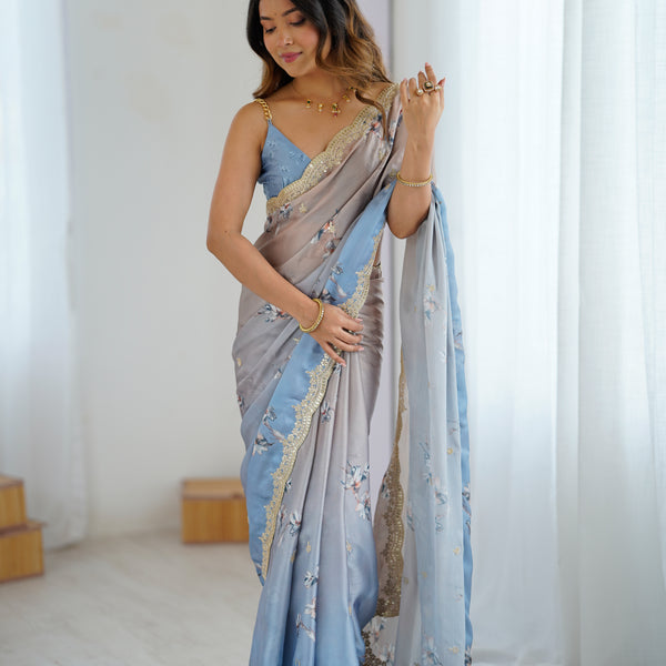 Sequin & Dori Work on Hand-Printed Satin Chiffon Saree