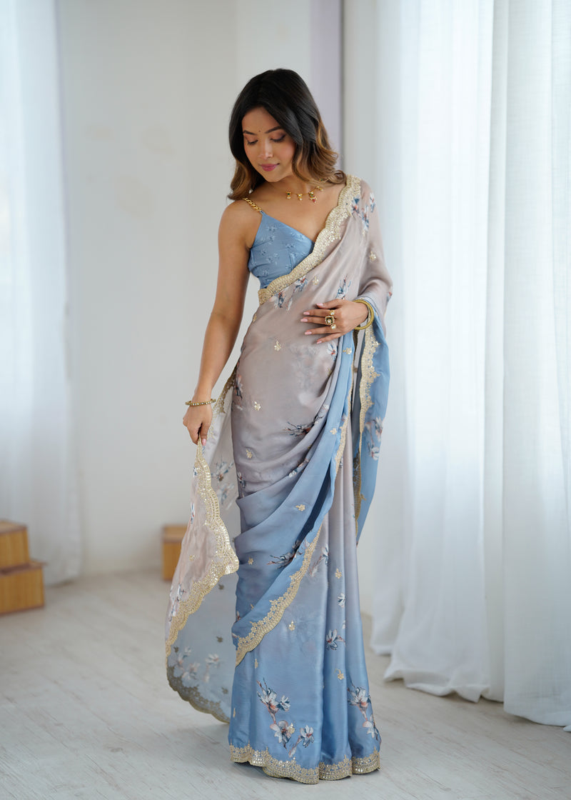 Sequin & Dori Work on Hand-Printed Satin Chiffon Saree