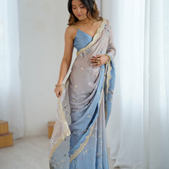 Sequin & Dori Work on Hand-Printed Satin Chiffon Saree