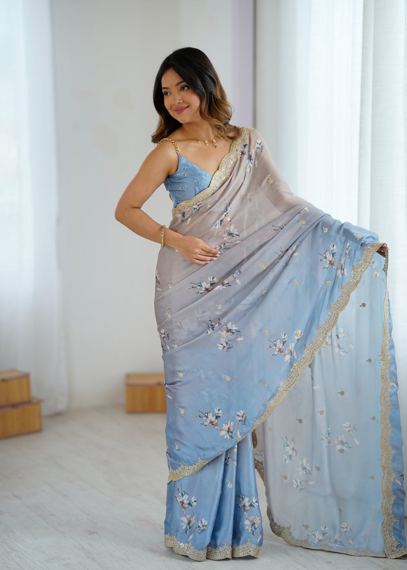 Sequin & Dori Work on Hand-Printed Satin Chiffon Saree