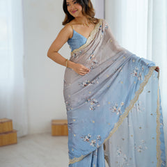 Sequin & Dori Work on Hand-Printed Satin Chiffon Saree