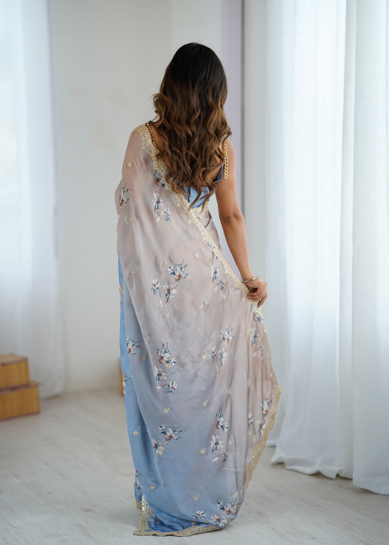 Sequin & Dori Work on Hand-Printed Satin Chiffon Saree