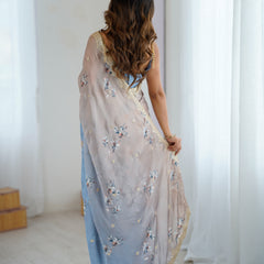 Sequin & Dori Work on Hand-Printed Satin Chiffon Saree