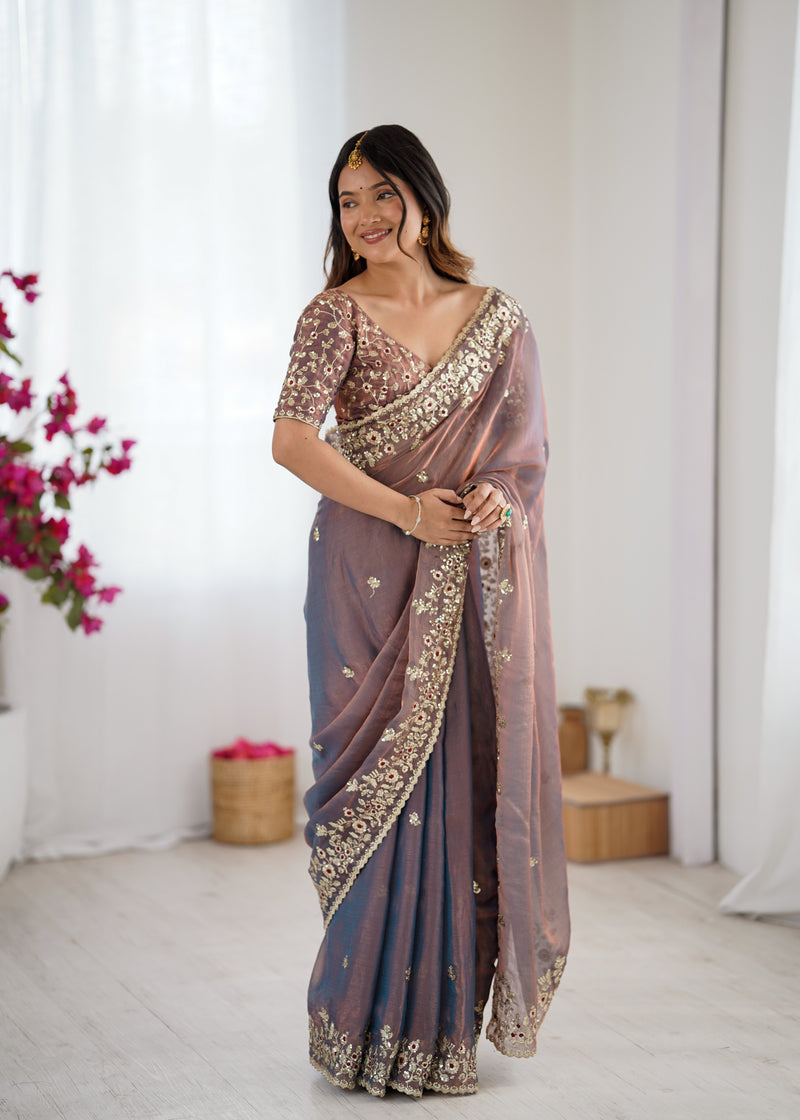 Fendy Chiffon Sequin & Embroidery on Two-Tone Saree