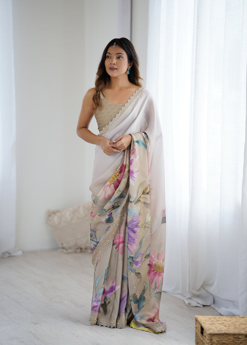 Party Wear Satin Georgette Saree – Hand Print Elegance