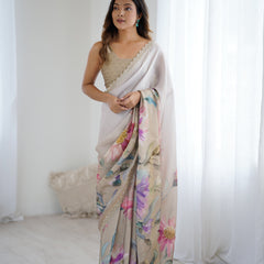 Party Wear Satin Georgette Saree – Hand Print Elegance