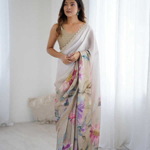 Party Wear Satin Georgette Saree – Hand Print Elegance