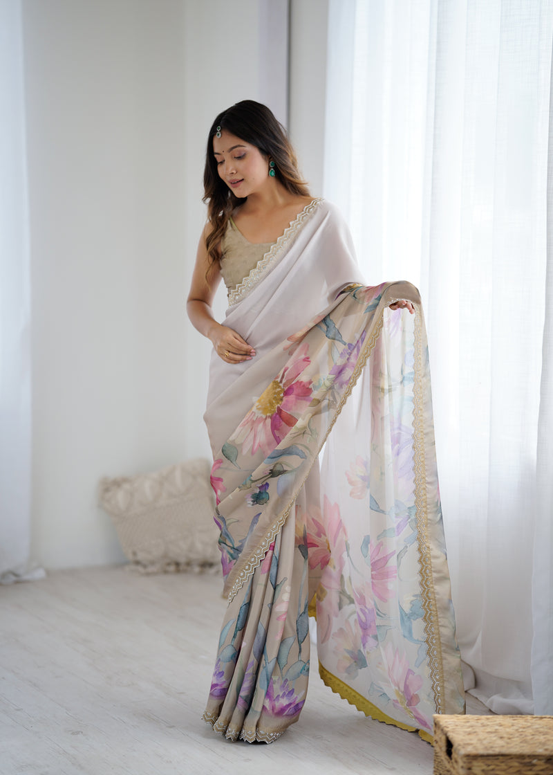 Party Wear Satin Georgette Saree – Hand Print Elegance