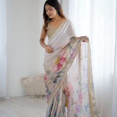 Party Wear Satin Georgette Saree – Hand Print Elegance