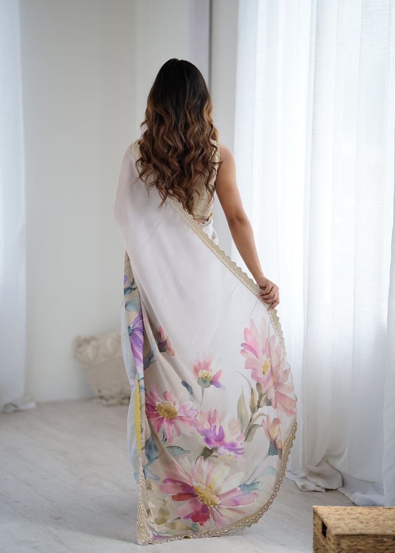 Party Wear Satin Georgette Saree – Hand Print Elegance