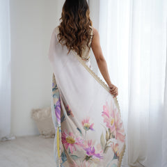 Party Wear Satin Georgette Saree – Hand Print Elegance