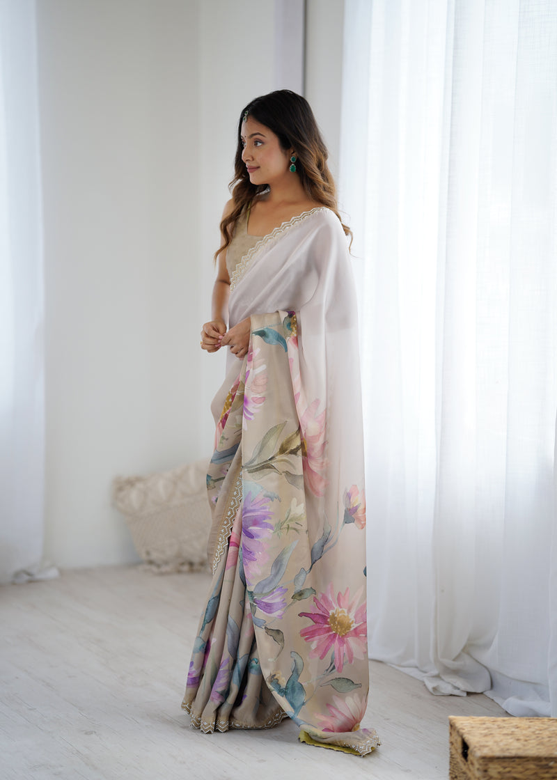 Party Wear Satin Georgette Saree – Hand Print Elegance