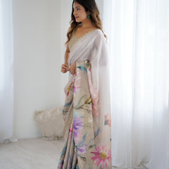 Party Wear Satin Georgette Saree – Hand Print Elegance